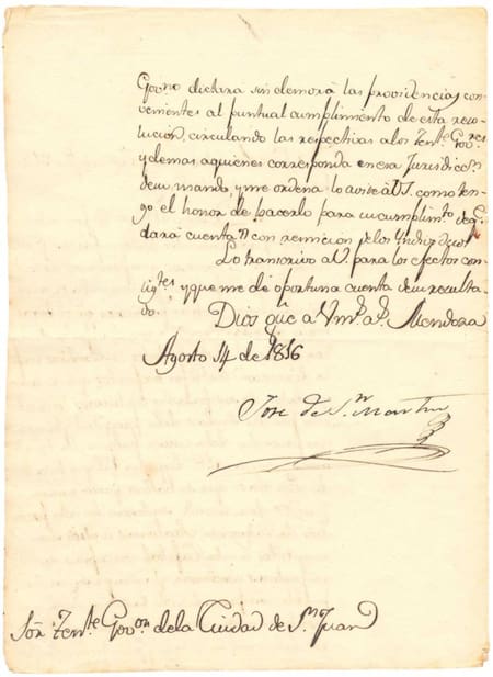 Carta de San Martín donde menciona a las Malvinas