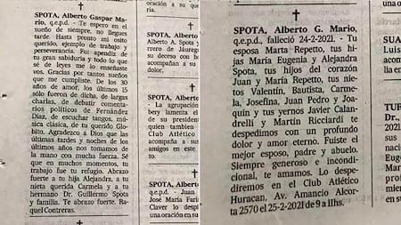 Mario Spota, aviso fúnebre