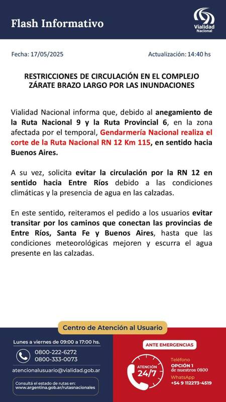 El comunicado de Vialidad Nacional sobre el puente de Zárate Brazo Largo.