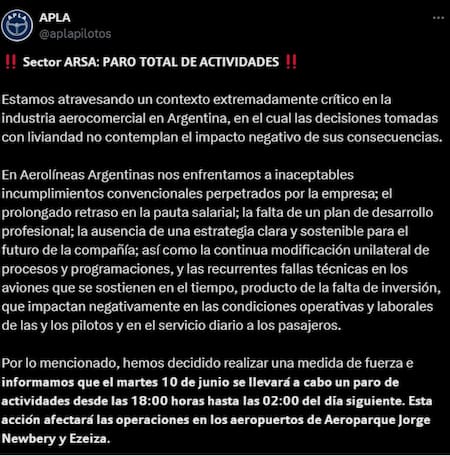 Paro de pilotos para el martes 10 de junio.