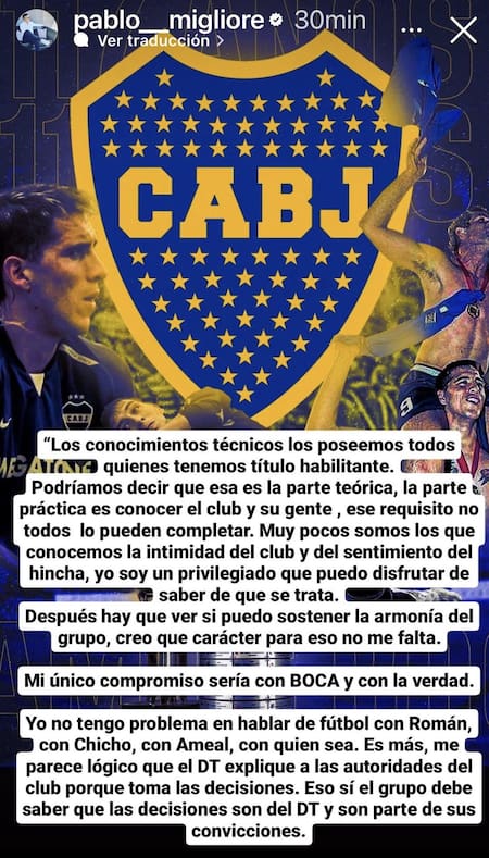 Postulación de Pablo Migliore para ser técnico de Boca. Foto: @pablo_migliore.