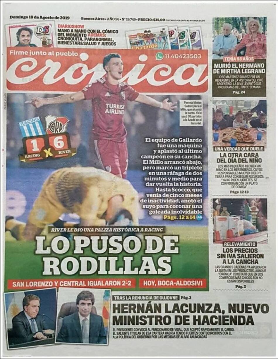 Tapas de diarios, Crónica, domingo 18-08-19