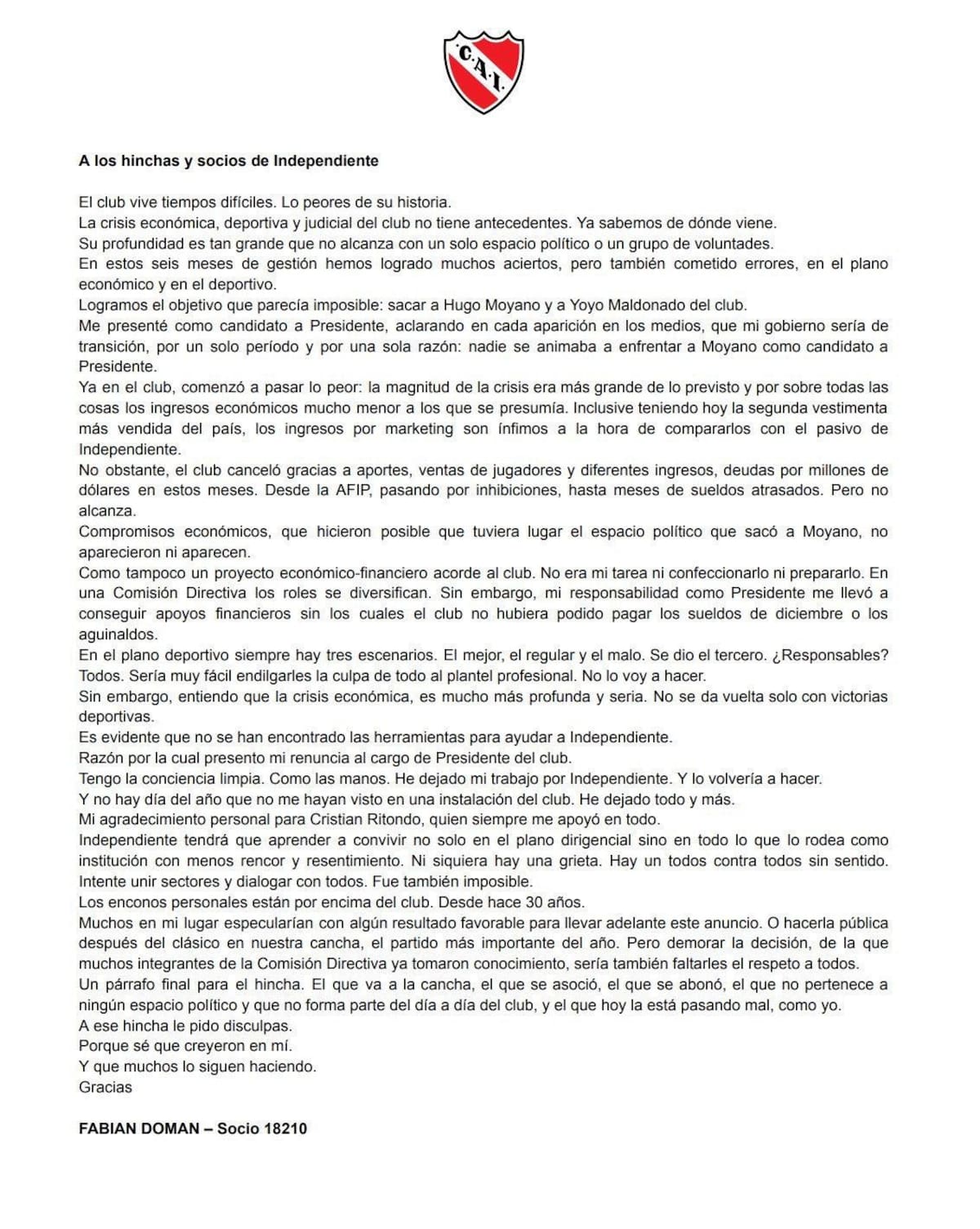 Comunicado de Fabián Doman sobre su renuncia a Independiente.