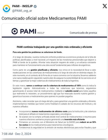 El comunicado de PAMI.