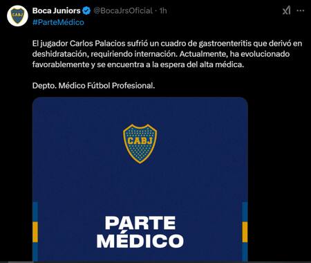 El parte médico de Carlos Palacios. Foto: captura