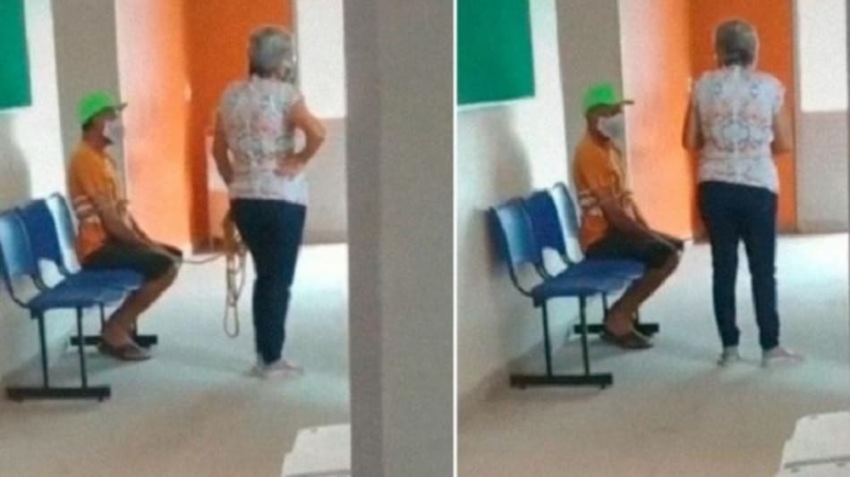 Ató a su marido y lo llevó a vacunarse y la foto se hizo viral