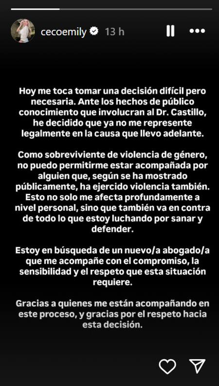 Comunicado de Emily Ceco. Foto: Instagram.