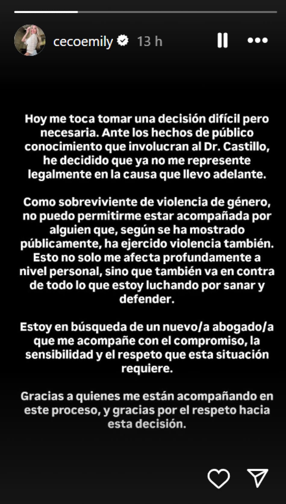 Comunicado de Emily Ceco. Foto: Instagram.