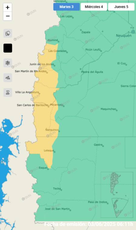 Alerta por lluvias sobre tres provincias en Argentina. Foto: SMN.