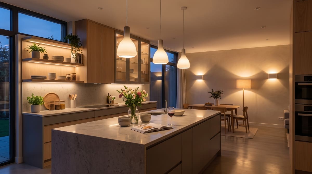 Cocina iluminada con luz cálida.