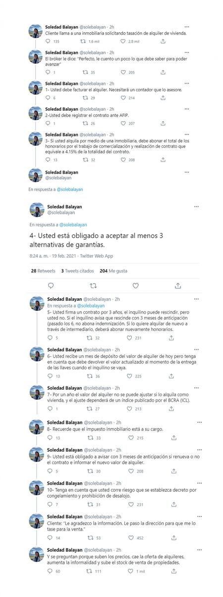 Hilo de Twitter de Soledad Balayan sobre alquileres