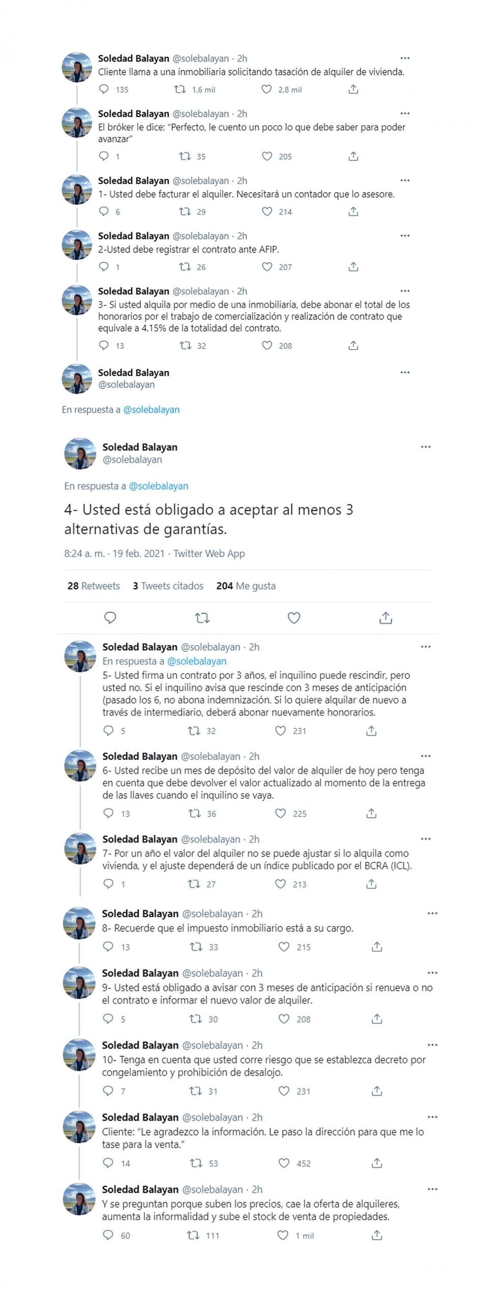 Hilo de Twitter de Soledad Balayan sobre alquileres