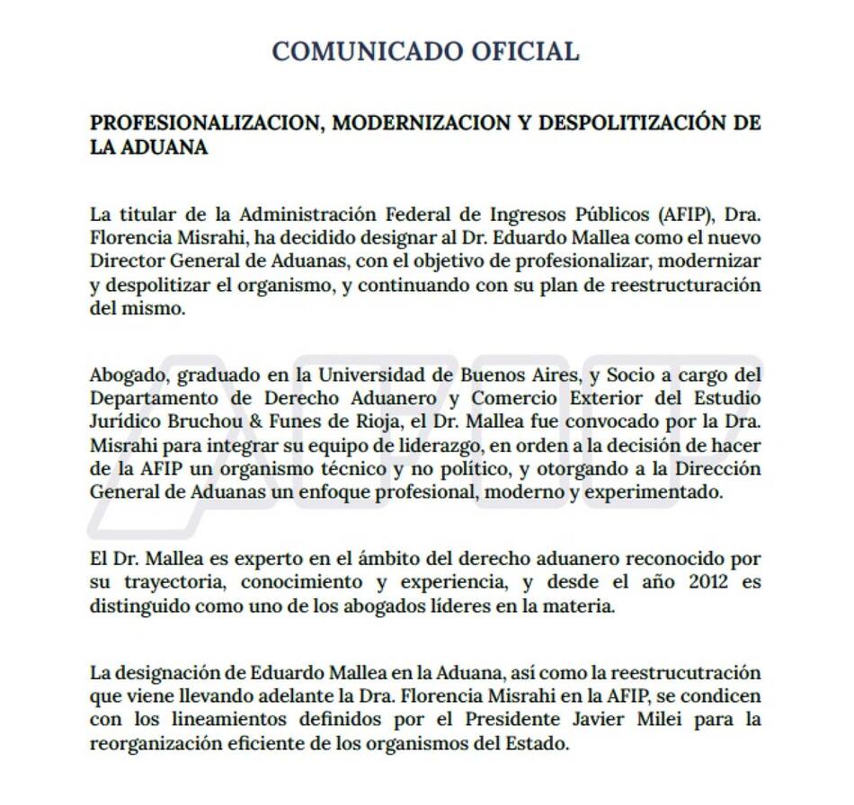 Comunicado de AFIP por la designación de Eduardo Mallea en Aduana.