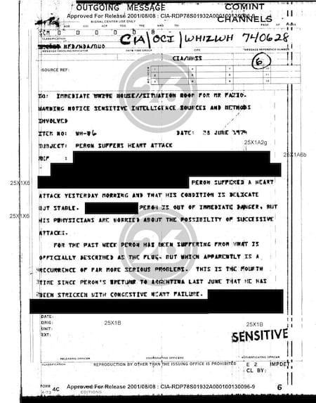 Juan Domingo Perón, documento desclasificado de la CIA, salud