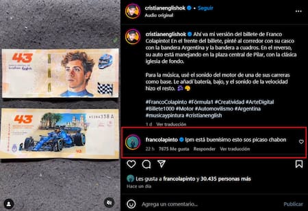 El comentario de Franco Colapinto. Foto: Instagram.