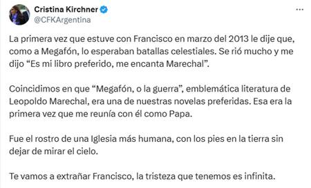 Cristina Kirchner despidió al papa Francisco. Redes sociales.