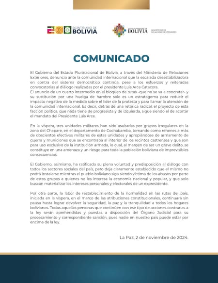 El comunicado de la cancillería boliviana.