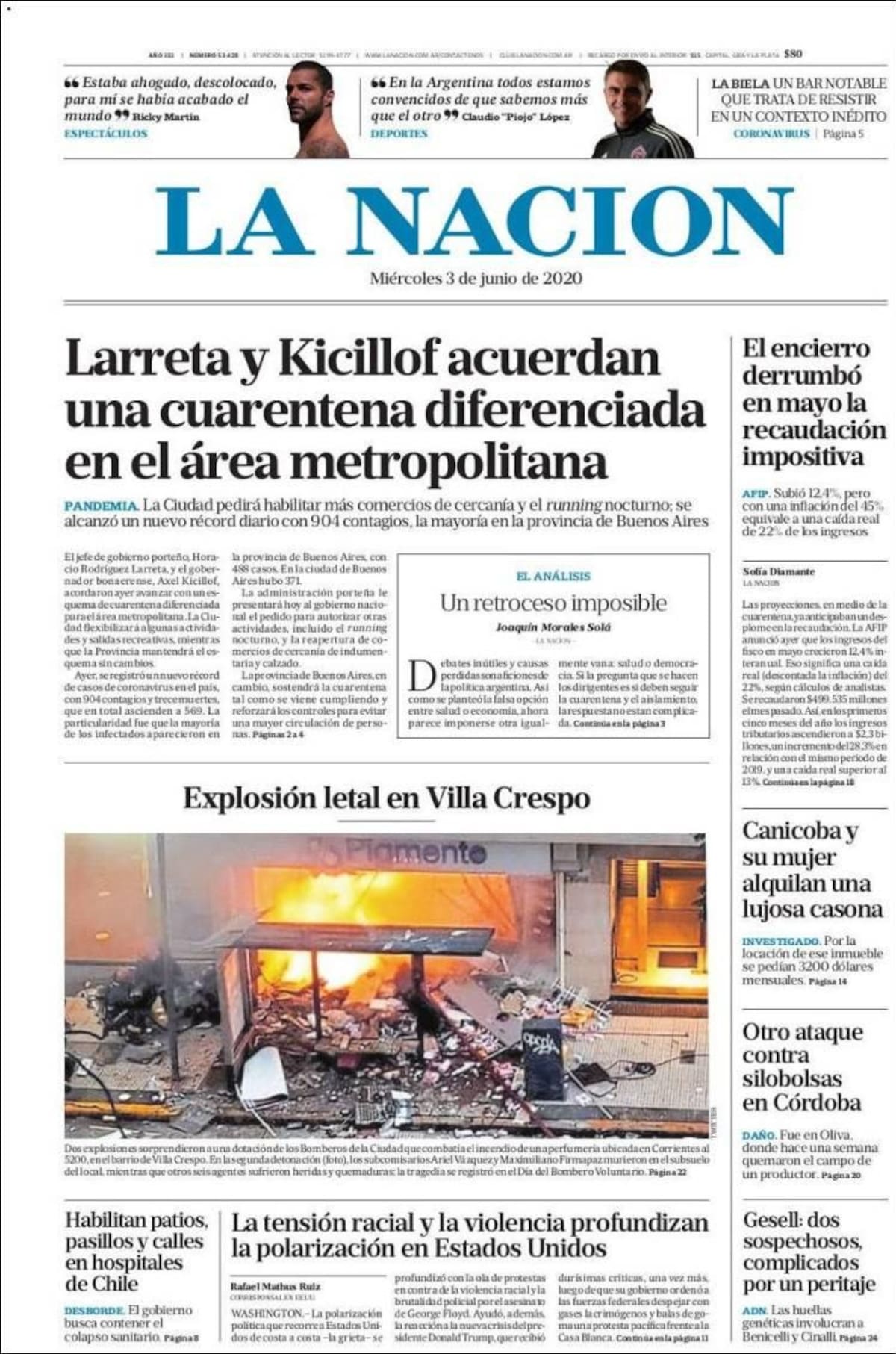 Tapas de diarios, La nacion, miercoles 3 de junio de 2020