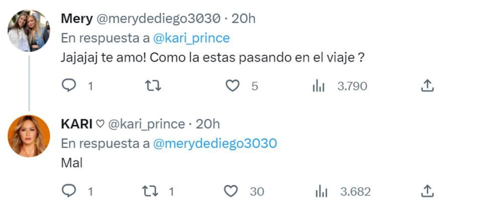 Una de las respuestas de Karina. Foto: Twitter.