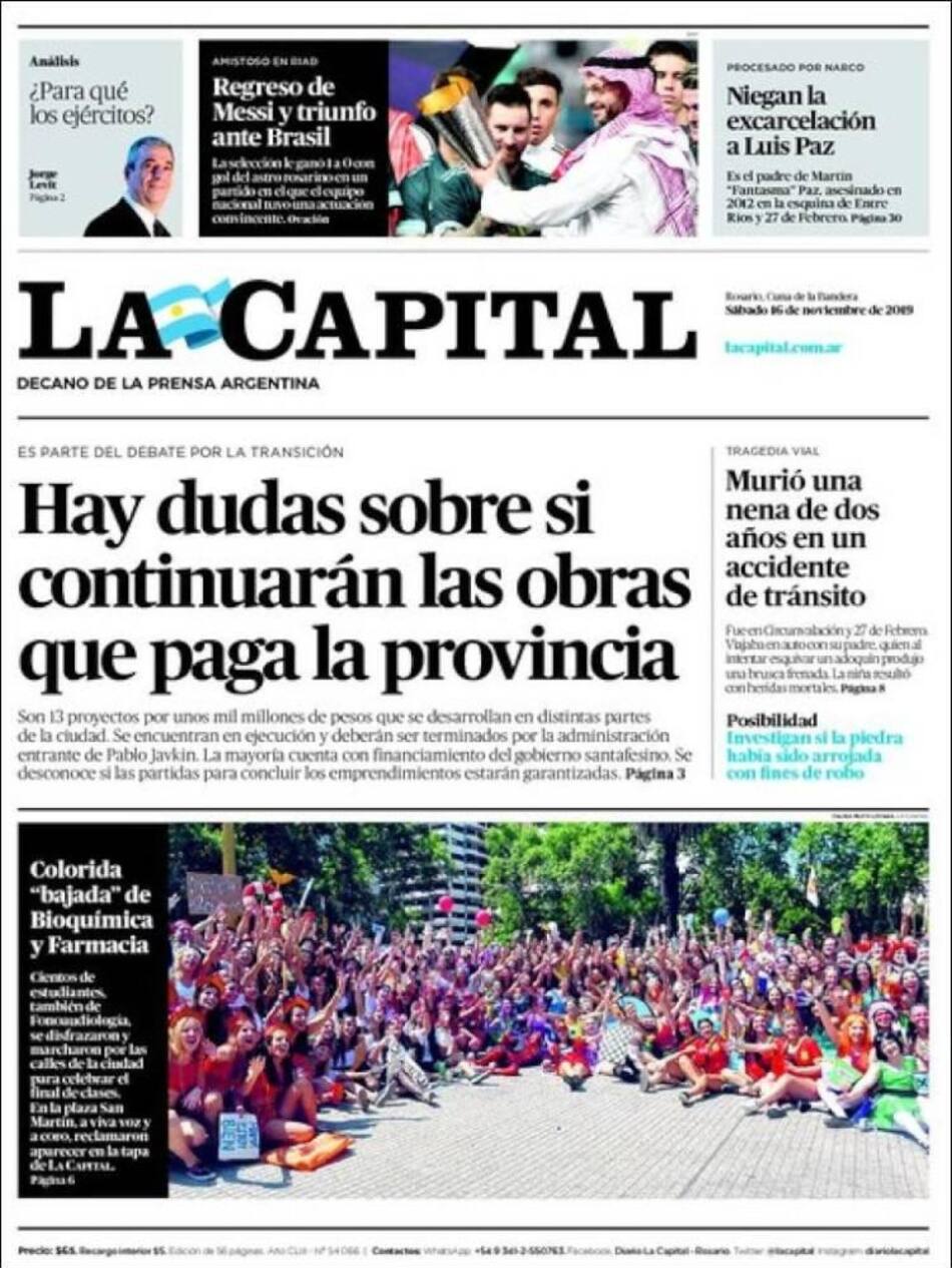 Tapas de diarios, La Capital, sábado 16 de noviembre de 2019