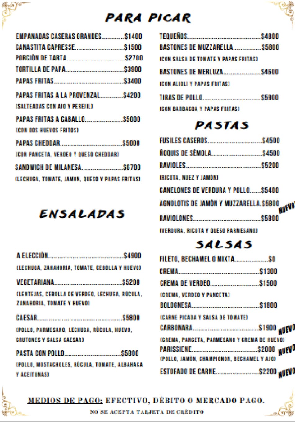 La carta de Bellagamba. Foto Instagram @bellagambapalermo