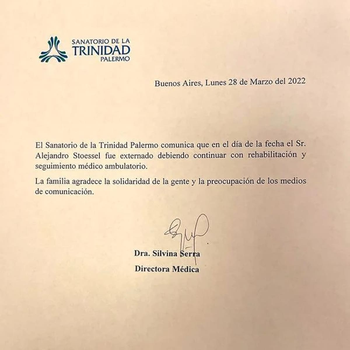Alejandro Stoessel, alta médica