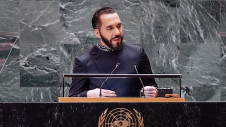 Bukele durante el Debate General del 79º período de sesiones de la Asamblea General de las Naciones Unidas en la Sede de las Naciones Unidas en Nueva York, Nueva York, EE.UU. EFE