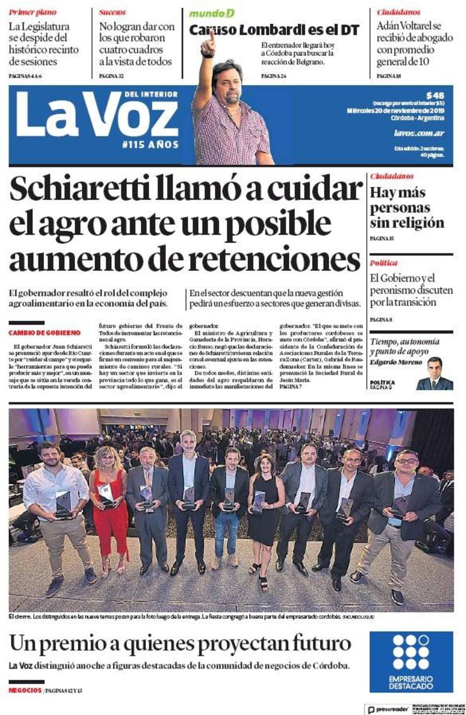 Tapas de diarios, La Voz del Interior, miércoles 20-11-19