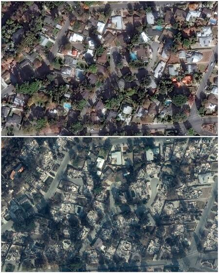 El antes y después de Los Ángeles tras los incendios. Foto: Reuters/MAXAR.