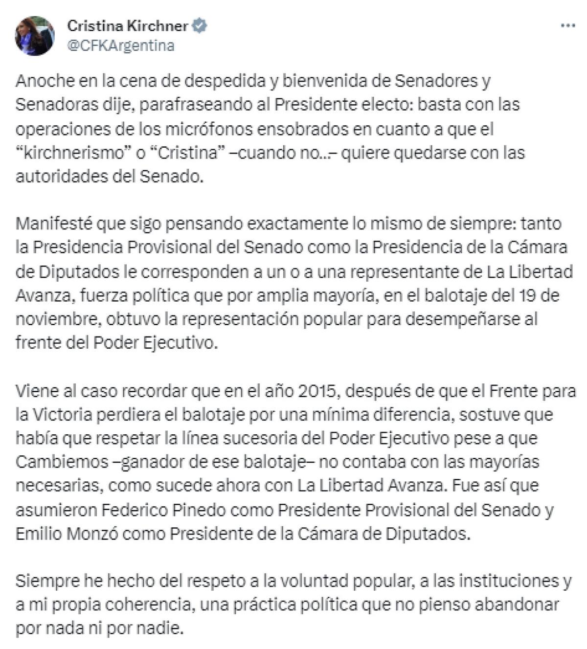 El mensaje de Cristina Kirchner. Foto: Twitter.