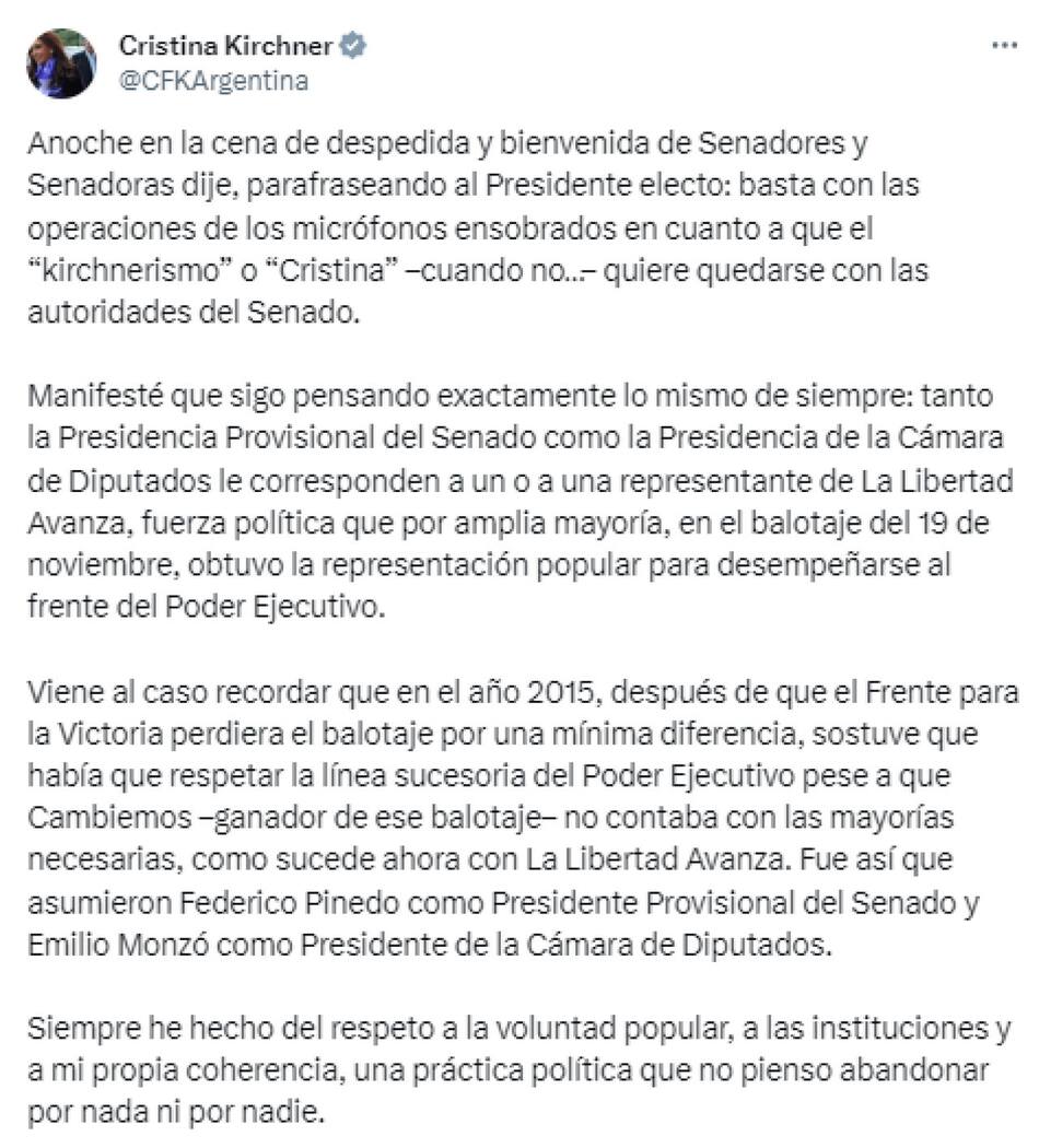 El mensaje de Cristina Kirchner. Foto: Twitter.