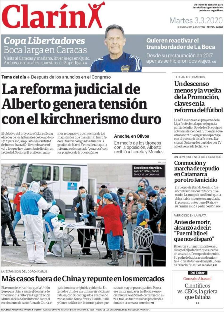 Tapas de diarios, Clarín, martes 3 de marzo de 2020