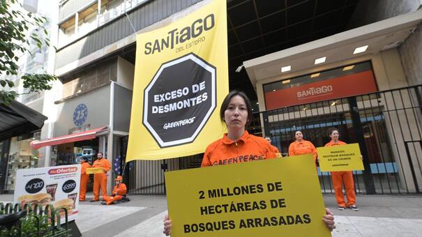 Greenpeace colgó una bandera gigante en el centro porteño para denunciar los desmontes en Santiago del Estero