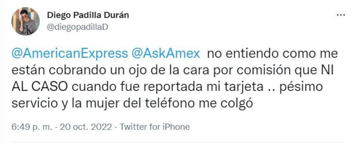 Quejas de usuarios por las tarjetas de American Express. Foto: Twitter.