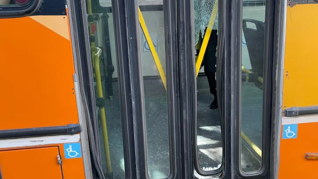 El colectivo que rompió la mujer de 23 años de un piedrazo. Foto: NA.