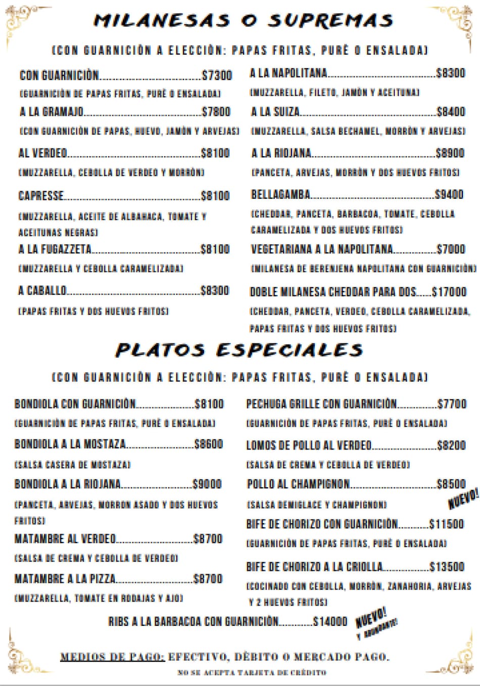 La carta de Bellagamba. Foto Instagram @bellagambapalermo