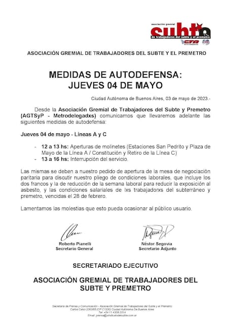 Paro de subtes, jkueves 4 de mayo, NA