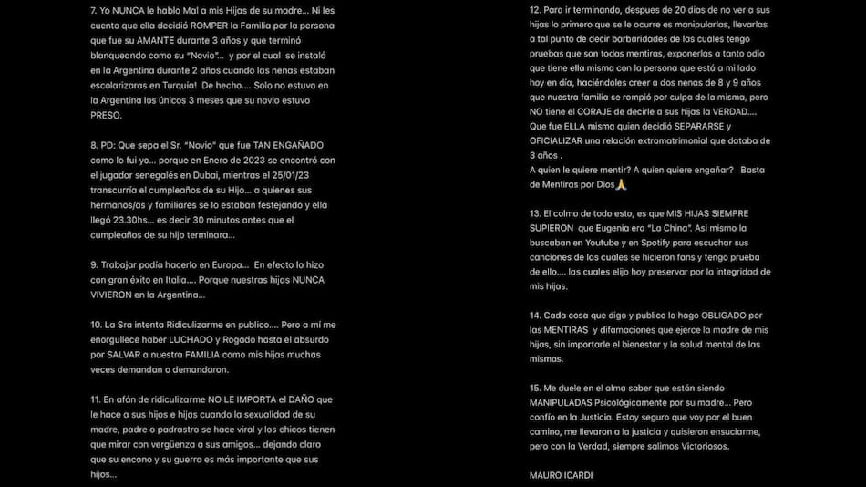 El comunicado de Mauro Icardi contra Wanda Nara. Foto: Instagram.