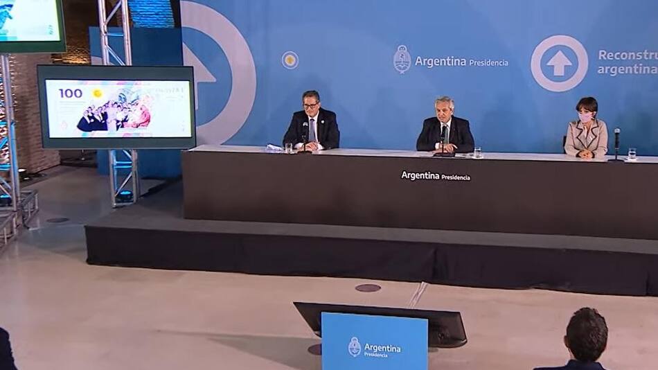 Alberto Fernández, Nuevos billetes argentinos, Foto captura video Youtube Casa Rosada