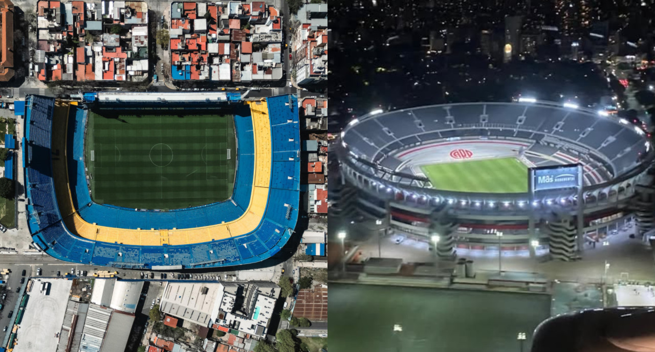 La Bombonera y el Monumental. Fotos: EFE y @obramonumental