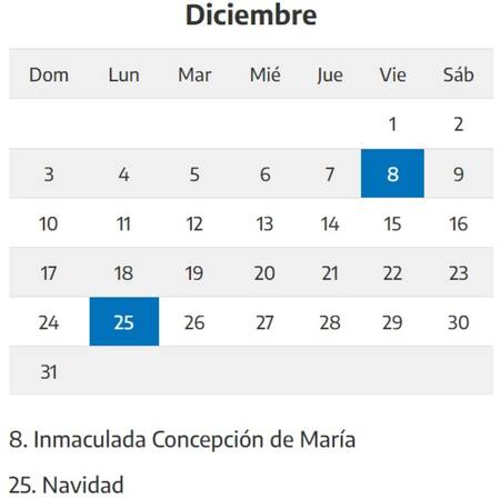 Calendario de los feriados de diciembre.