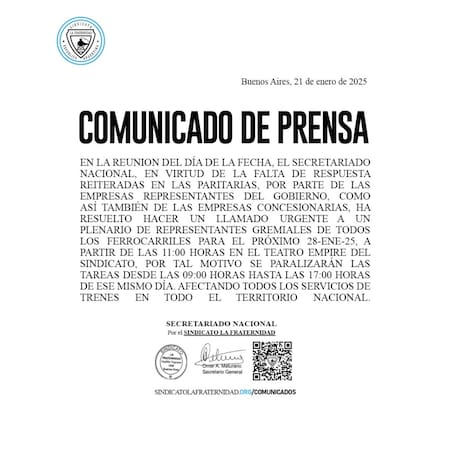 El comunicado de prensa anunciando paro de trenes
