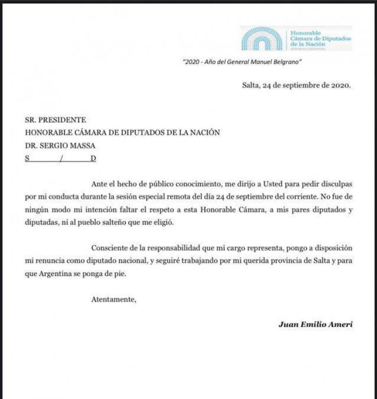Renuncia de Juan Emilio Ameri, Diputado nacional del Frente de Todos por Salta