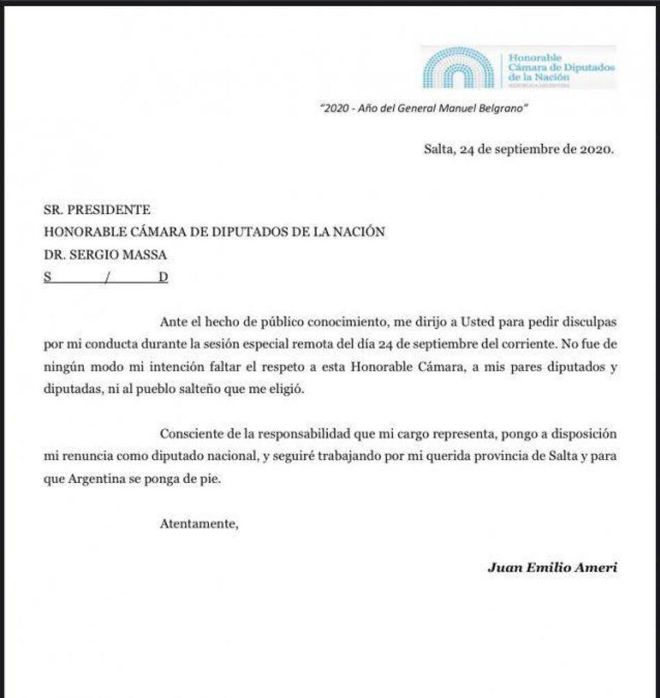 Renuncia de Juan Emilio Ameri, Diputado nacional del Frente de Todos por Salta
