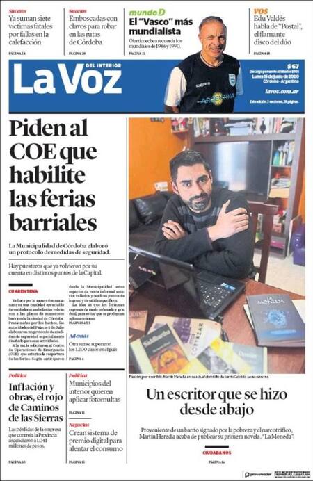 Tapas de diarios, La Voz, lunes 15 de junio de 2020