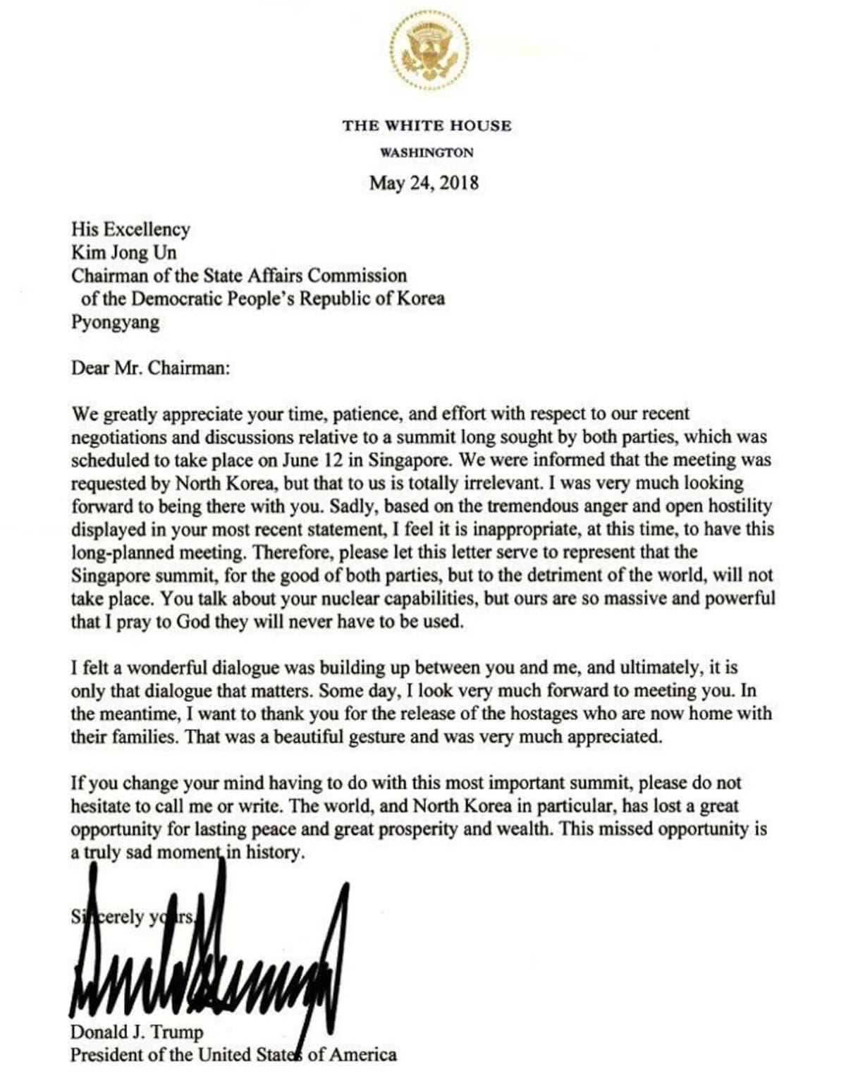 Carta de Donald Trump a Kim Jong-un - Reunión cancelada - Estados Unidos - Corea del Norte