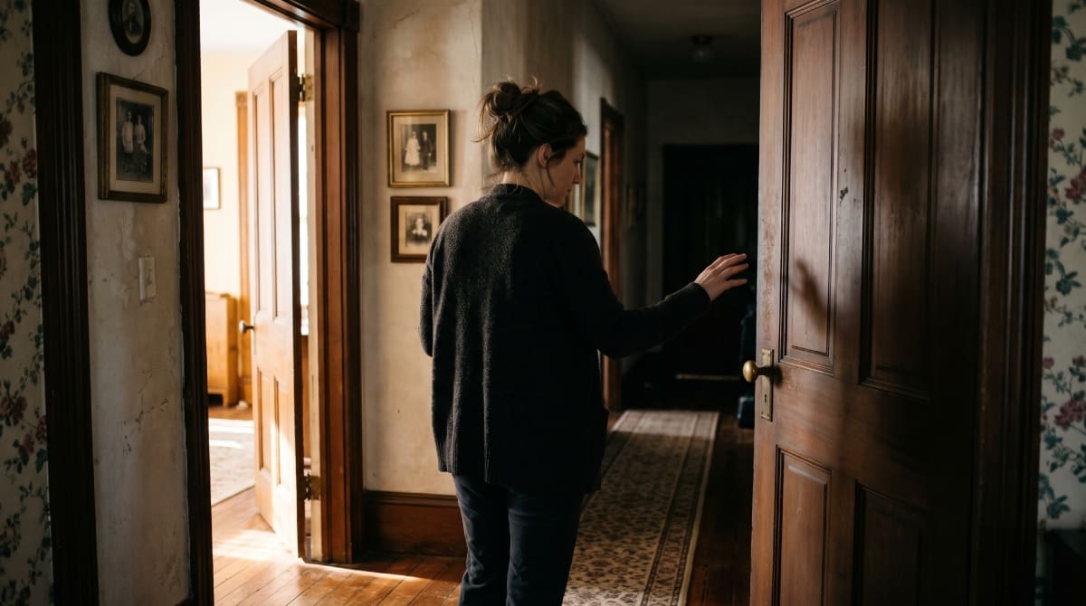 Una mujer sale por una puerta de una casa.