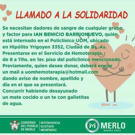 Pedido de dadores de sangre para Ian Benicio Barrionuevo en Merlo