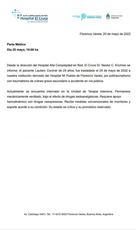 Parte médico de El Noba. Foto: prensa.