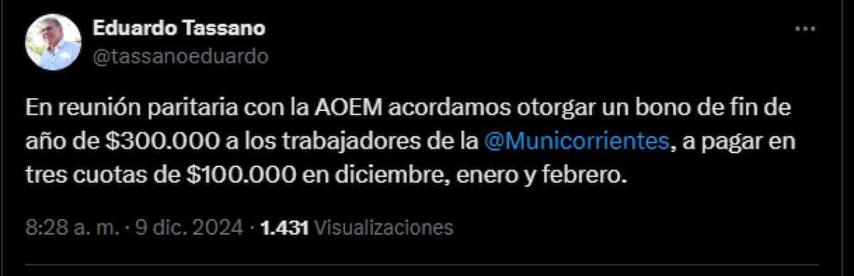 Los trabajadores municipales de Corrientes cobrarán un bono $ 300.000. Foto X